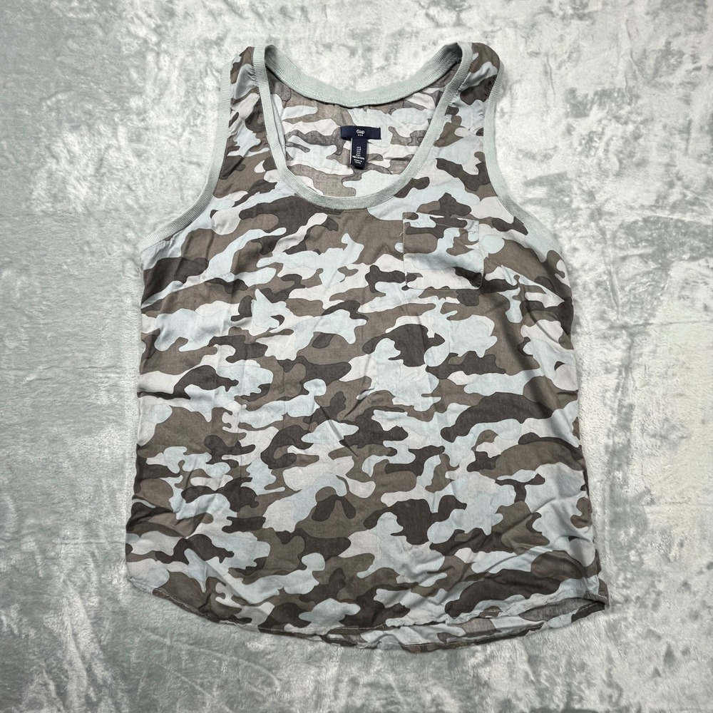 Gap Tank Top Women Blue Grey Camo Pocket Sleeveless Scoop Neck Scoop Hem L